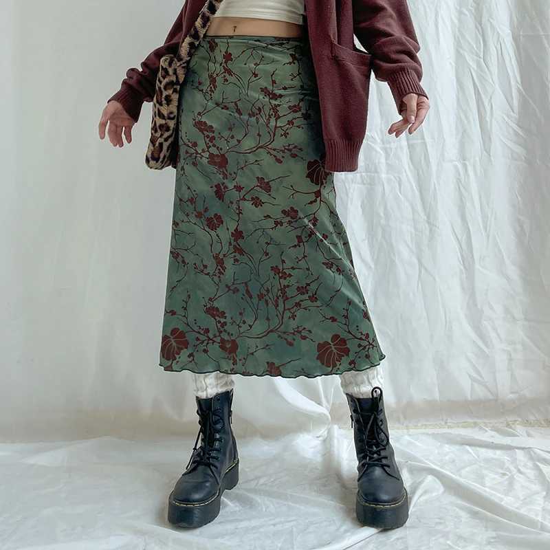 スカートCibbar Harajuku Floral Print Long Vintage Low Rise Straight Midi Womens Autumn Basic Matching Womens 90SL2429