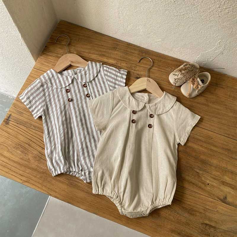 Rompers sommar ny preppy stil baby bodysuits skjorta krage flickor pojkar bodysuit andas linne en bit babykläder H240429