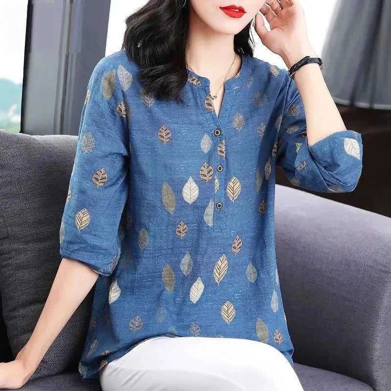 Women's Blouses Shirts Women Spring Autumn Style Blouses Shirts Lady Casual Thr Quarter Slve V-Neck Leaf printed Blusas Tops MM1187 Y240426