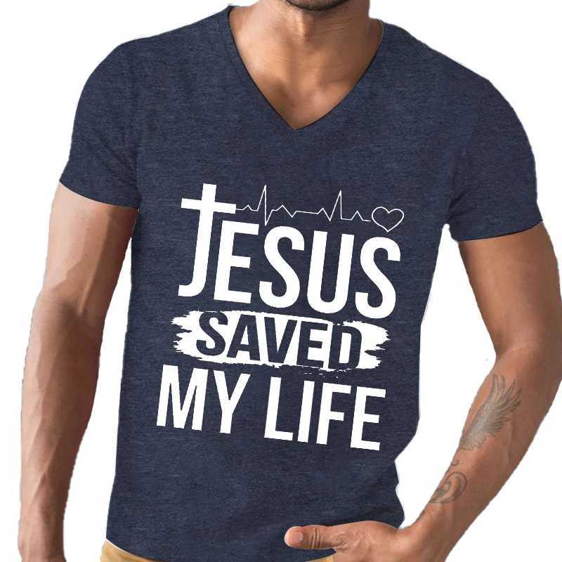 Herren T-Shirts Herren T-Shirt Kurzes Slve Ts Männer T-Shirt V-Ausschnitt Herren Tops Neue Marke Herren Jesus retteten mein Leben T-Shirt Camisetas de Hombre Y240429