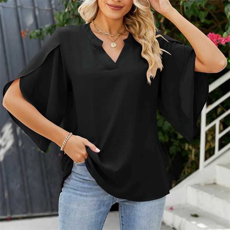 Women's Blouses shirts vrouwen zomerstijl chiffon blouses shirts dame casual korte flare slev v-neck losse blouse tops y240426