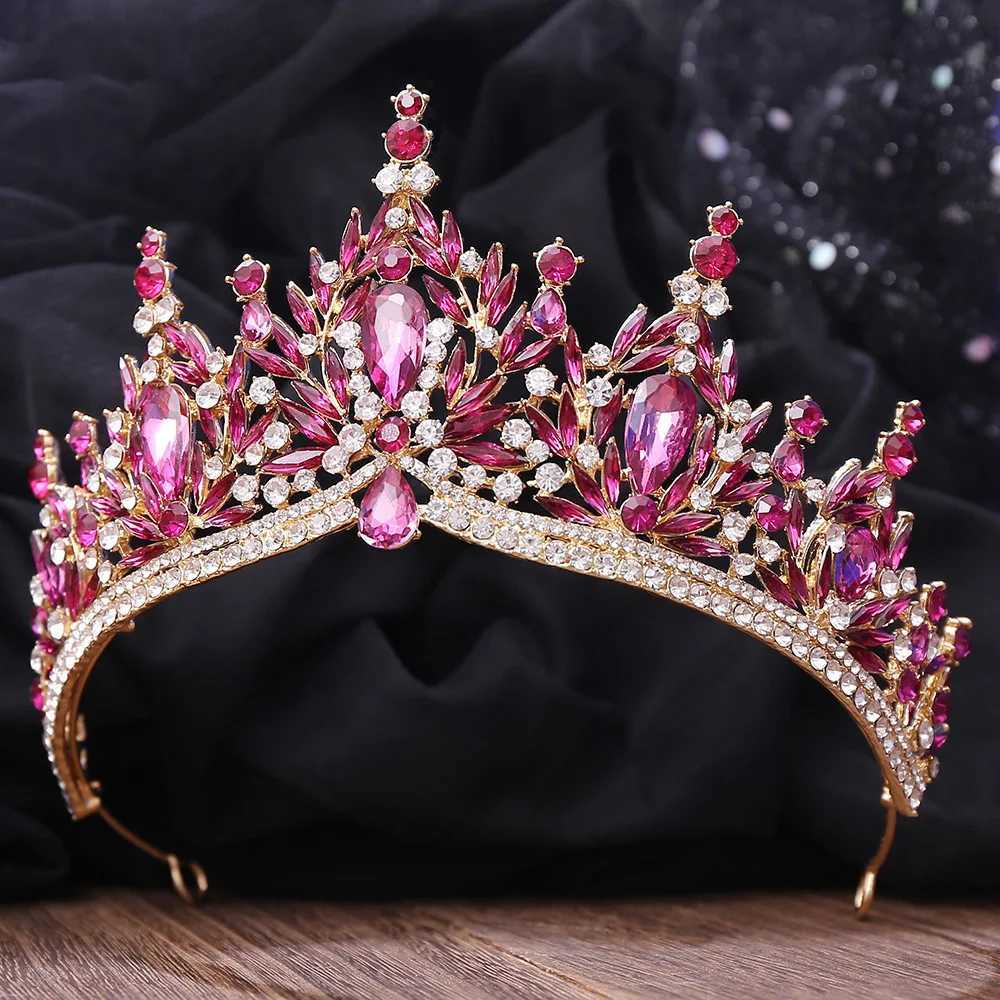 Tiaras Elegant Baroque Rose Red Purple Blue Green Crystal Tiara For Women Wedding Girls Party Crown Hair Accessories