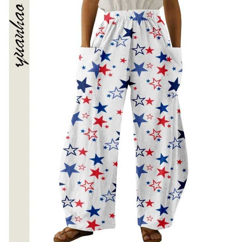 Spodnie damskie Capris American Flag Stripe Star Print Pants Fashion Kobiety Summer Big Direuse Strtwear Graphic Spoders Retro Lady Ubranie Dropshipping Y240429