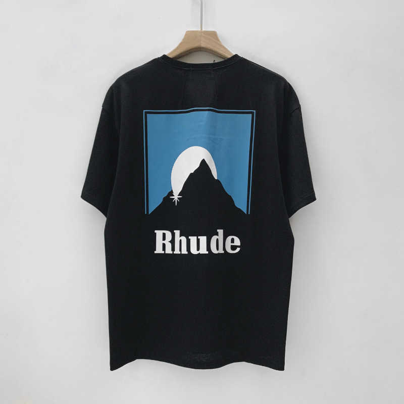 Hoogwaardige originele Rhuder Designer T Shirts Street Tide Snow Mountain Sunset Print Casual Round Round Neck Short Sleeve T-Shirt met 1: 1 Logo