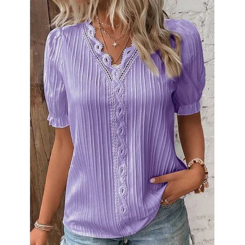 Blouses -shirts voor dames elegant zomer holle lace lozwerk dames shirt chic blouse v nek kort slev shirt gewoon kant casual basu reguliere tops y240426