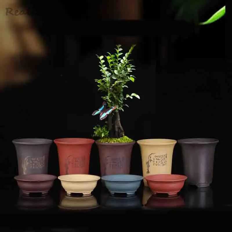 Planters POTS PURPLE SANDRECHID FLOWER POT HUSHUSHETS TABELL TOP ROUNT MOUT MOT SOUP BONSAI Kinesisk keramisk dekorativ 149 Q2404291