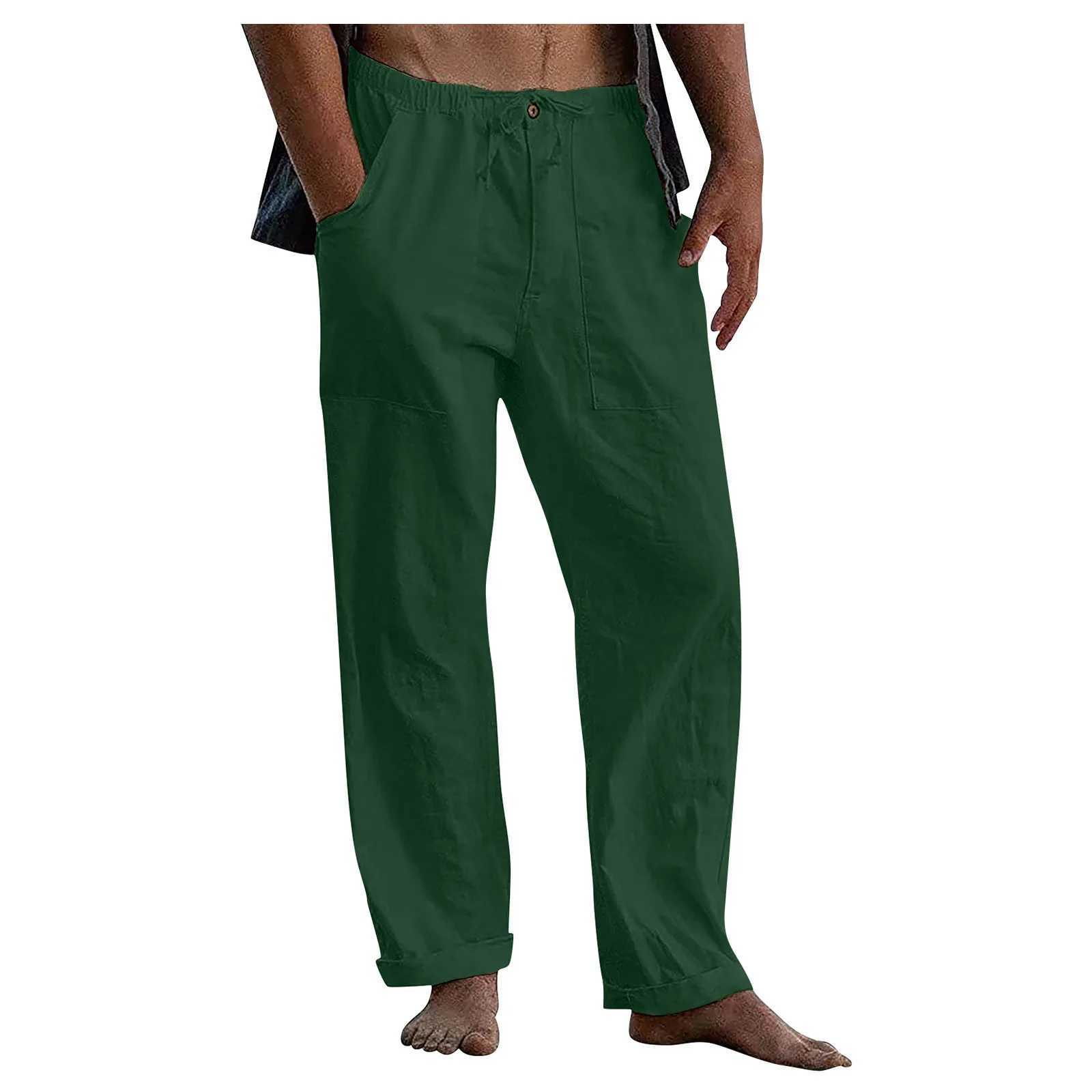 Pantalones para hombres hombres sueltos de lino de algodón de algodón pantalones de bolsillo con cordero Q2404291