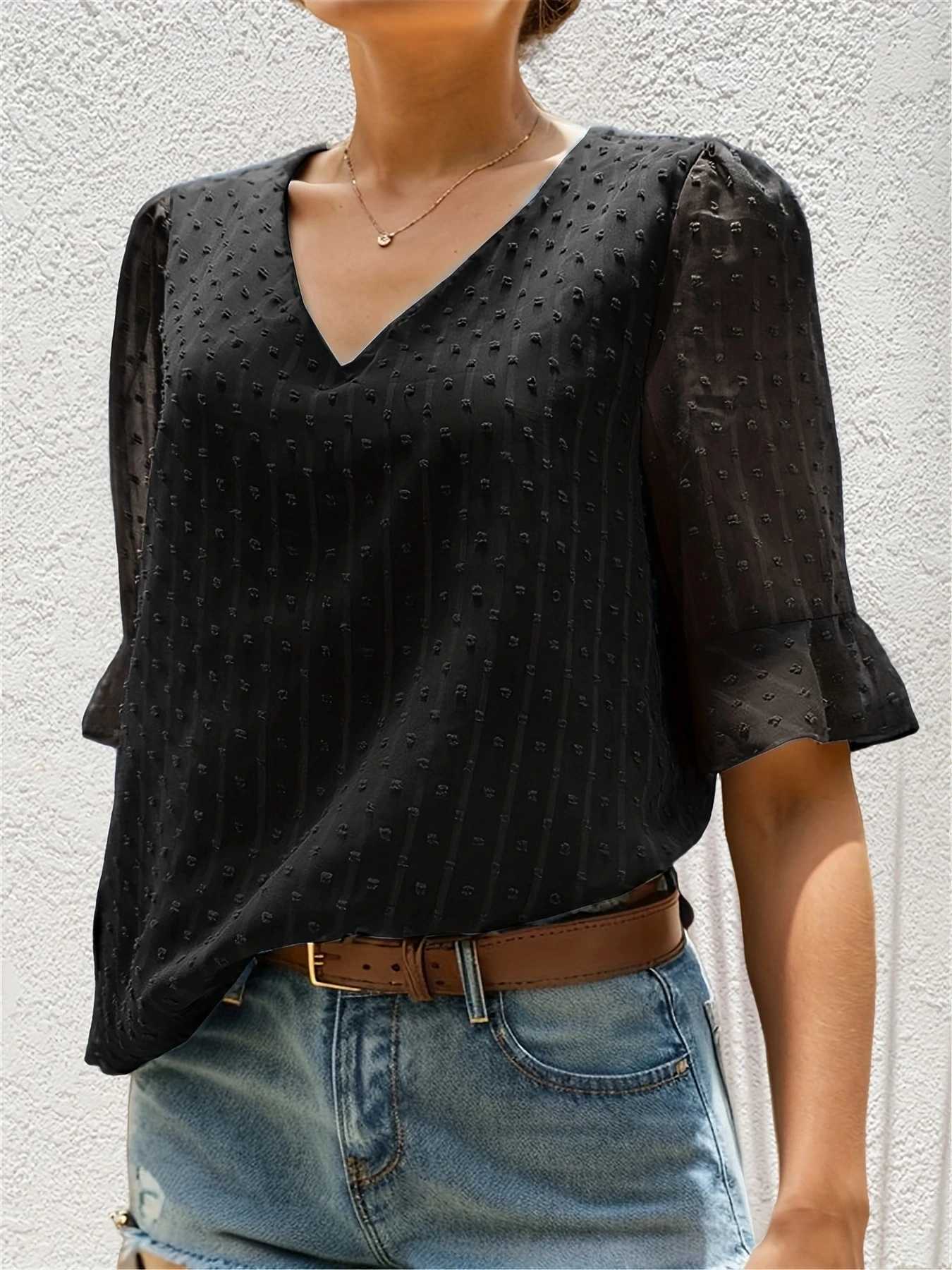 Women's Blouses Shirts Summer Elegant Solid Color Blouses Shirts Women Casual V Neck Half Slve Blouses Tops Ladies Basic Fashion Blouses Y240426