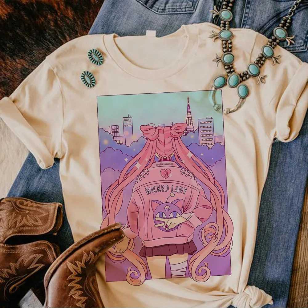 T-shirts 80s Moon Cat Tshirt Womens Anime Harajuku Comic T-shirt Womens Comic Graphics Japanese Clothingl2404