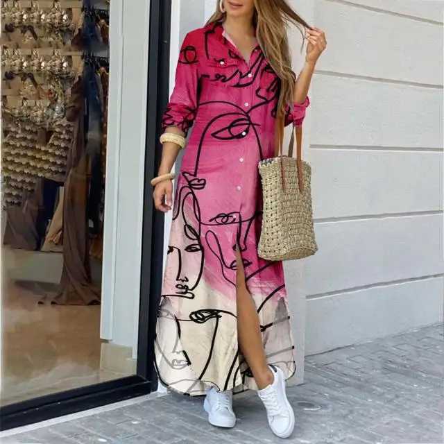 Basis Casual jurken 2024 Dames Maxi Shirt Jurk Lange slev knop Samenvatting Graffiti Print Lange slve Elegant Rapel Holiday Beach Dresses Robes Y240429