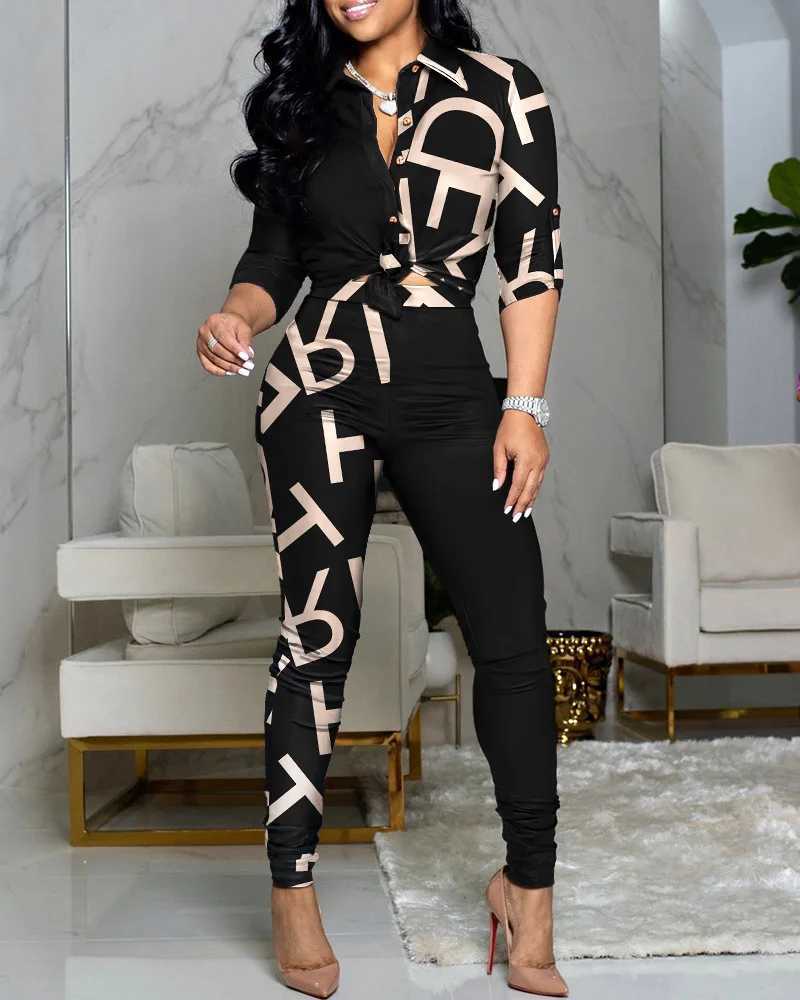 Women's Two Piece Pants Nobel Fashion 2-piece set of womens shirts and wide leg pants womens casual printed half sleeved top and design mens two-piece setL240429