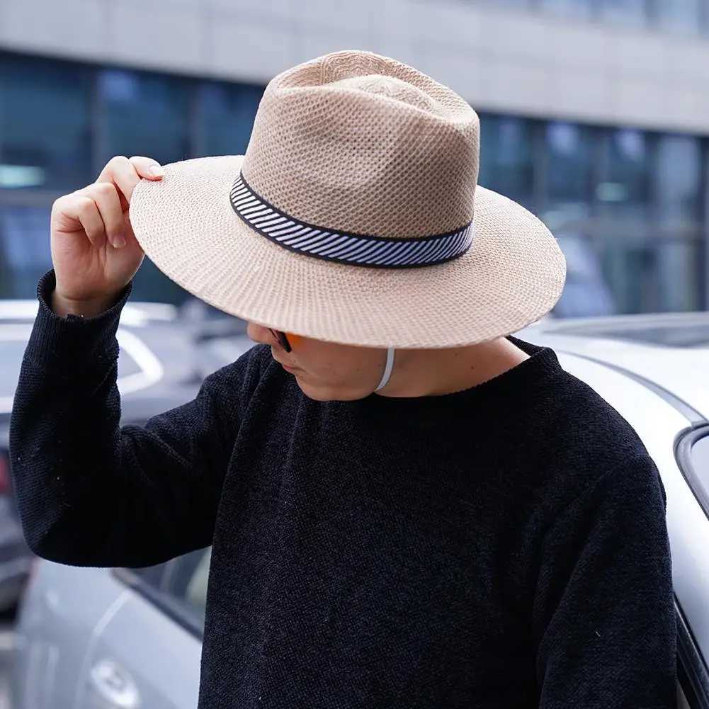 Cappelli larghi cappelli a secchio Wide Brim Str Casual Hat Summer C Jazz Panama Fedora Fashion Travel Leisure Hat Hat Mens Simple Style Dad Hat J240429