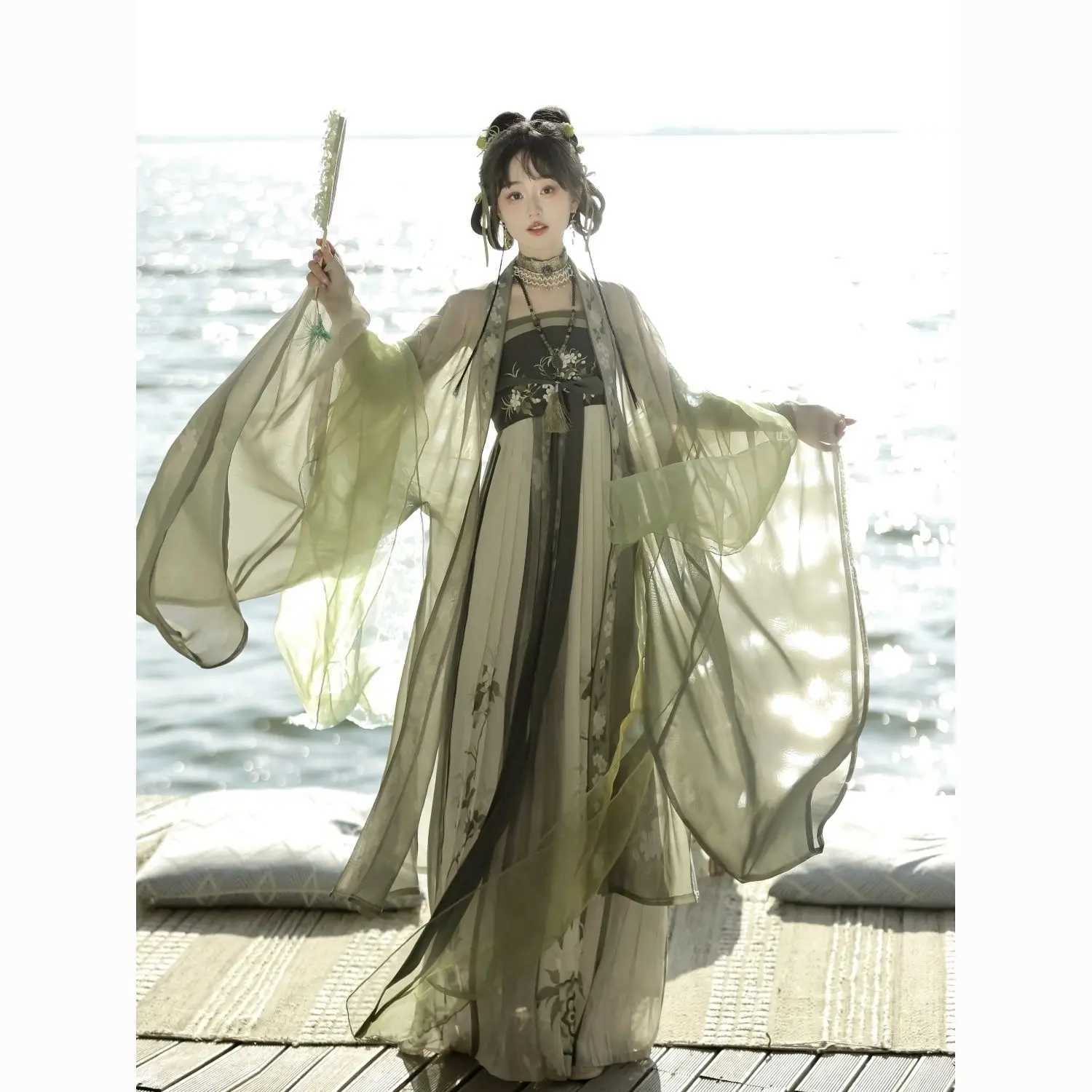 Ubranie etniczne Zielony hanfu chiński tradycyjny styl letni tang damski zestaw szyfonowy drukowana długa suknia