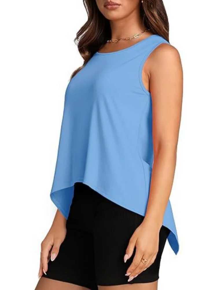 Women's Blouses Shirts Women Summer Y2K Style Blouses Shirts Lady Casual Slveless O-Neck Split Solid Color Crop Tank Tops Y240426