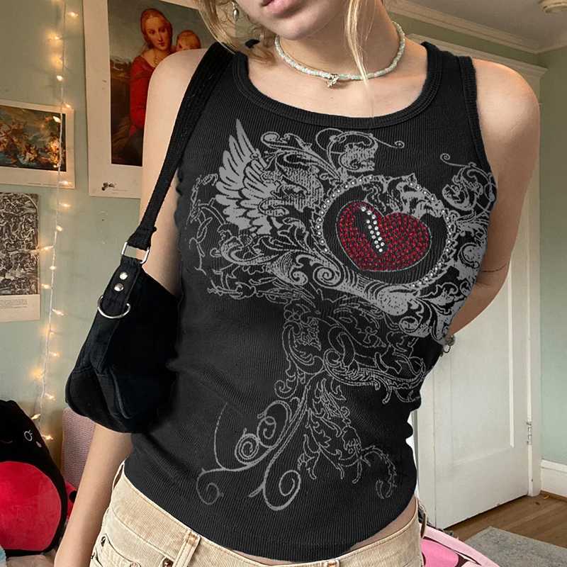 Women's Tanks Camis CIBBAR Grunge Vintage Rhinesone Print Crop Top Vintage Graphic Sleeveless Y2K Tank Top Womens Street Clothing Vest Harajuku ClothingL240429