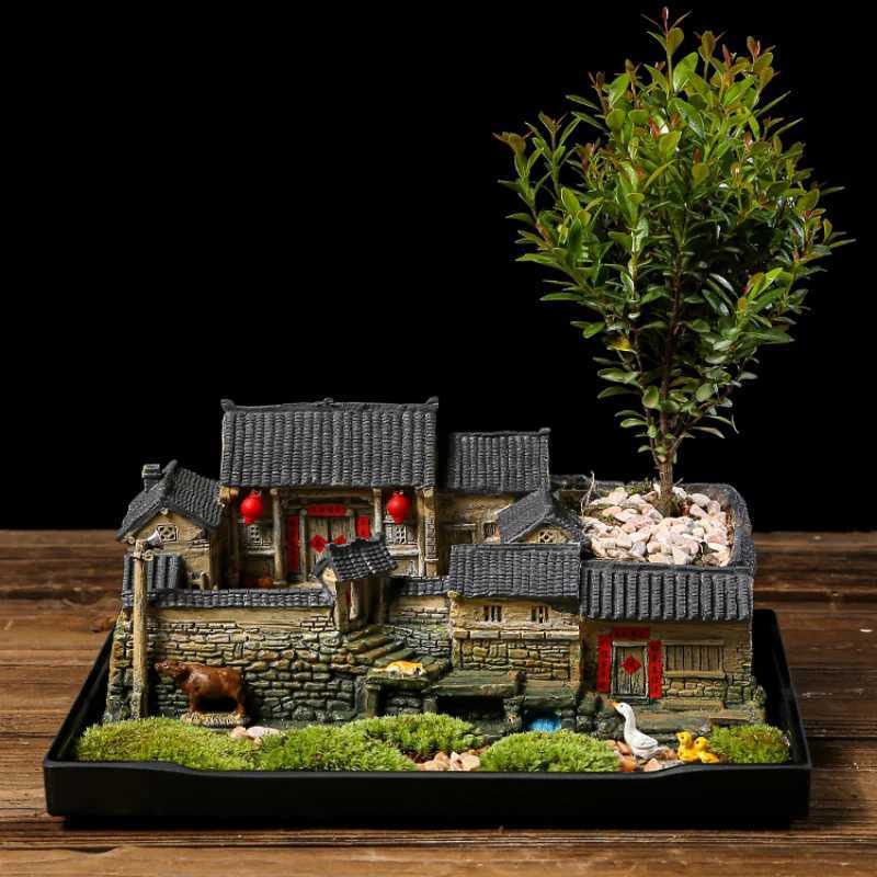 Pflanzer Töpfe Chinesische Stil Retro Miniatur Landschaft Old House Blumentopf kreative Nische Innendekoration Bambus Bonsai Q240429