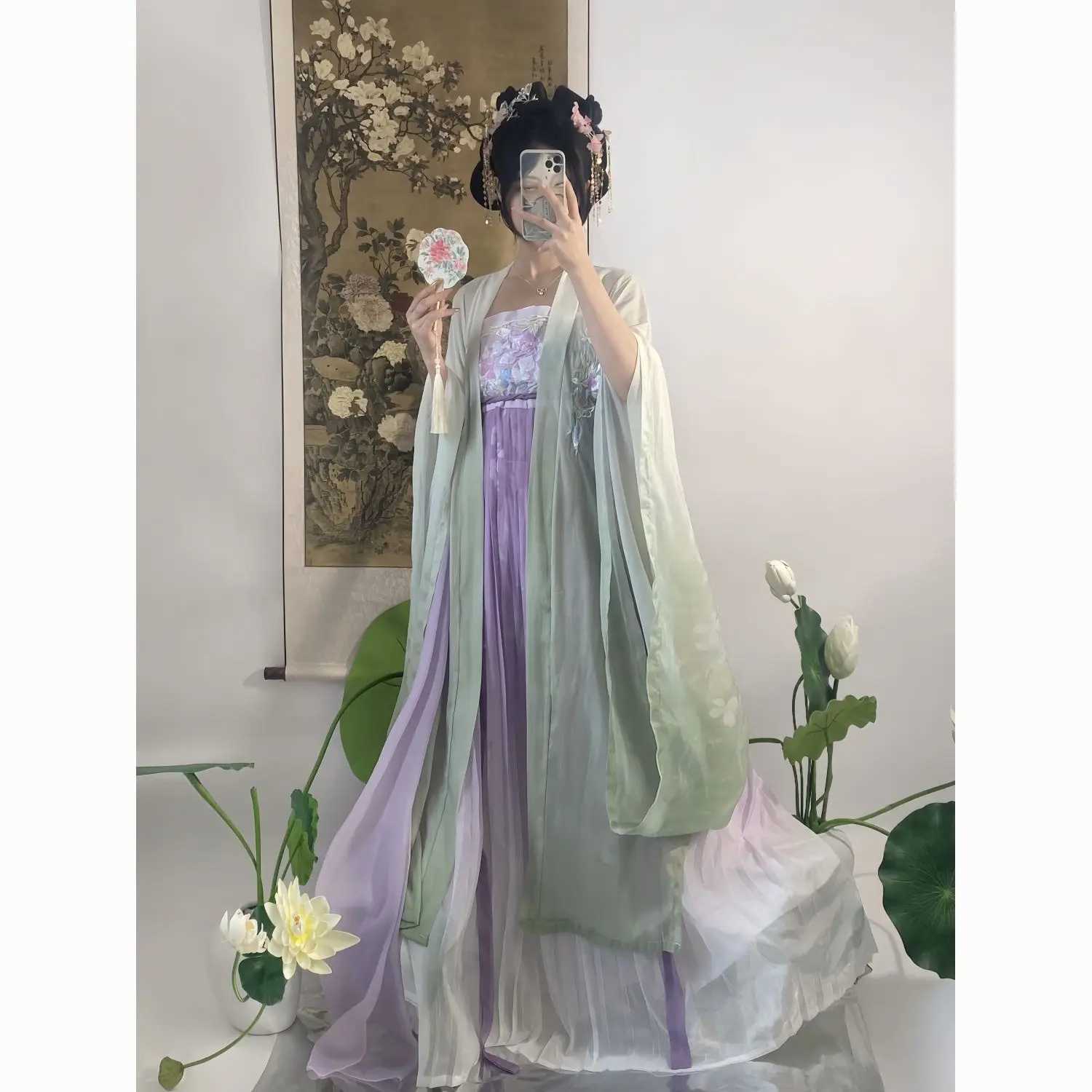 Ethnic Clothing Hanfu embroidery pleated skirt green long gown big sleeve mesh heavy female summer 2024 new Chinese traditional style