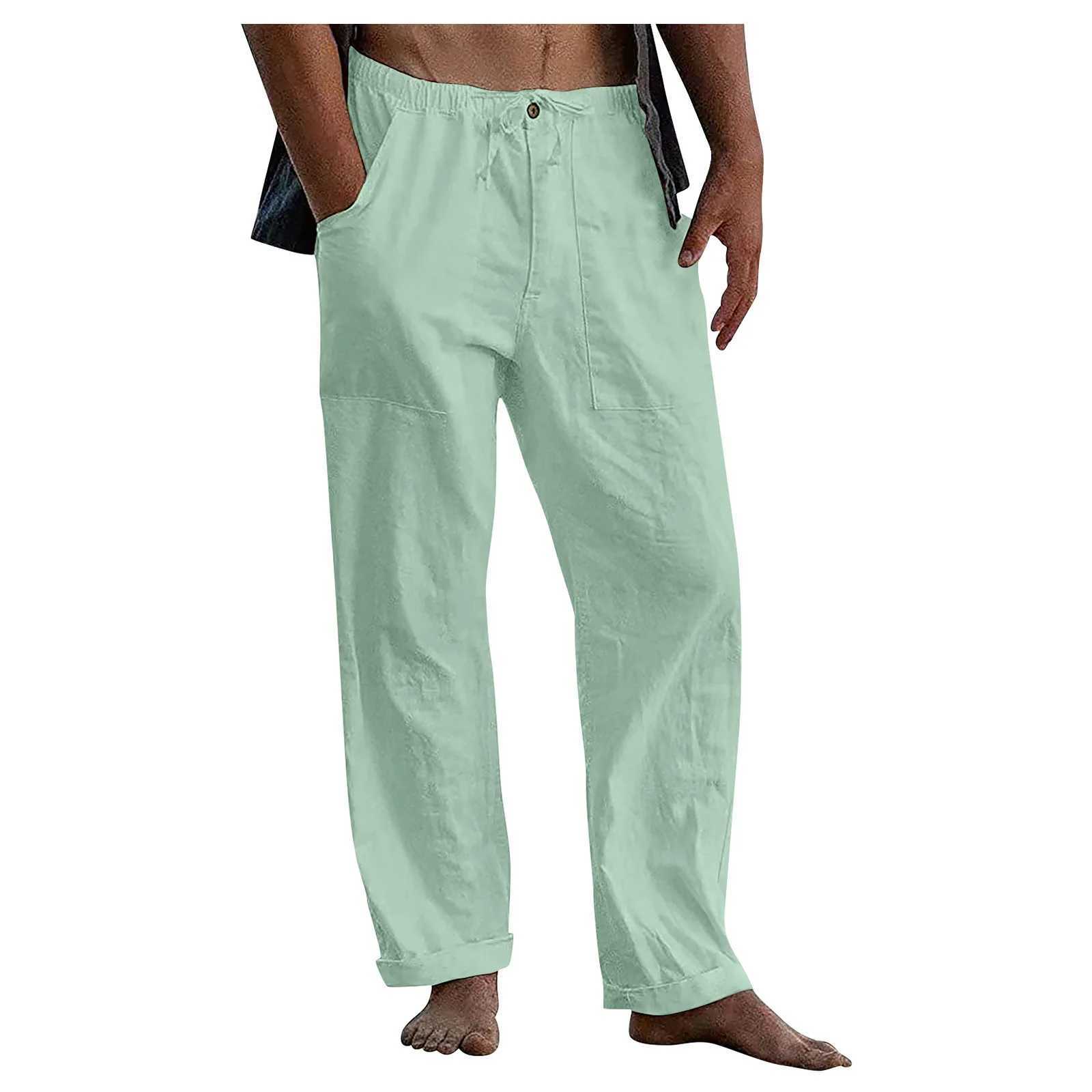 Pantalones para hombres hombres sueltos de lino de algodón de algodón pantalones de bolsillo con cordero Q2404291
