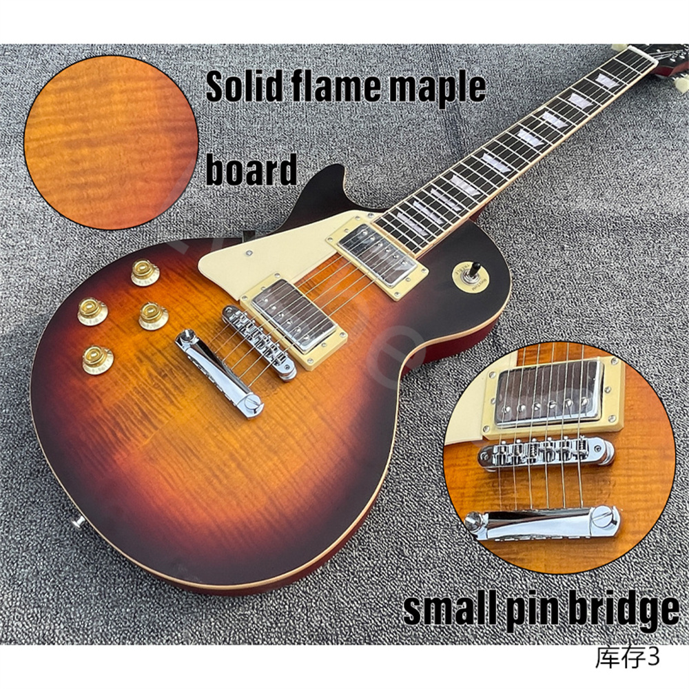 Strumpa! Left Hand Electric Guitar Solid Flame Maple Board Top HH Chrome Cover Picups and Parts Liten Pin Bridge Bone Nut Satin Färdig