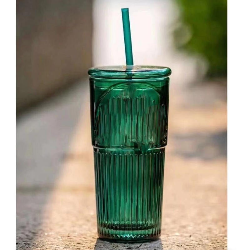 Dunkelgrüne Kaffeeglas Tassen Stroh Bumbler klassische kaltes Wasser Getränk Flaschen Eis Sipper 550 ml Kapazität mit Deckel Becher Getränkewaren Sommerweinsaft Tee Trinken Ware