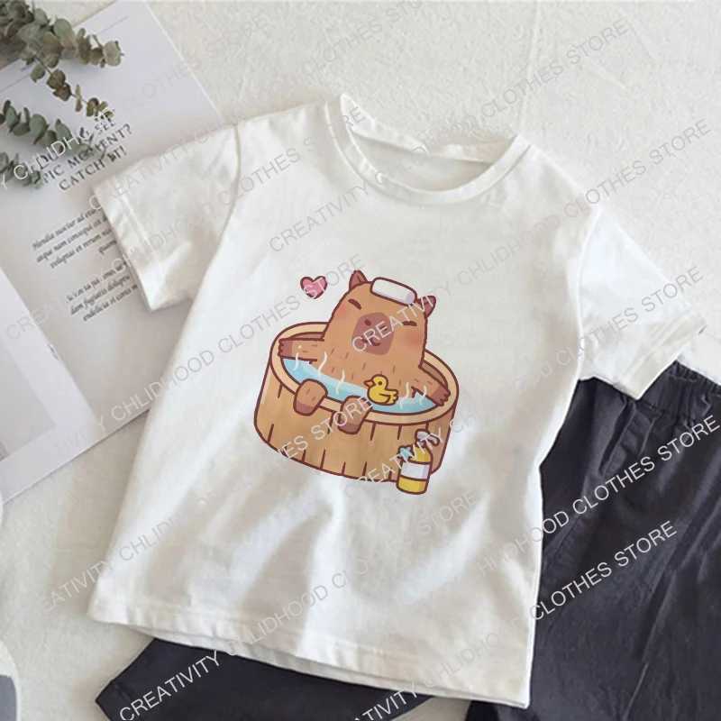 القمصان Capybara Childrens T-Shirt Cartoon Kawaii ملابس غير رسمية الأولاد والفتيات أعلى clothingl2404