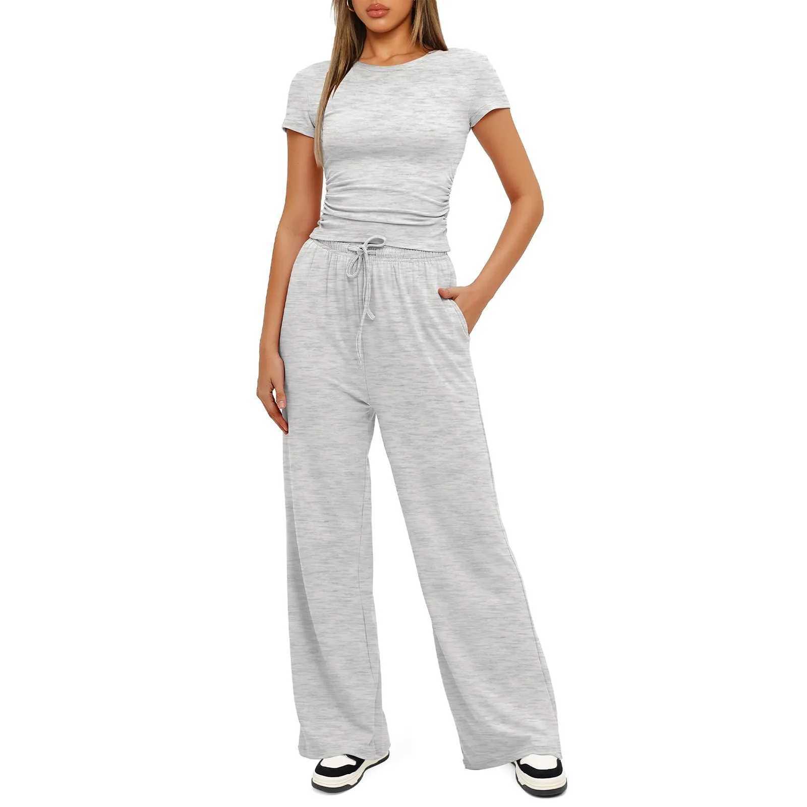 Zweiteilige Hosen Damen Womens 2-teiliger Casual Wear Set Set Falten mit kurzem Ärmeln und hohe taillierte Weitbeinhosen Spur Setl240429