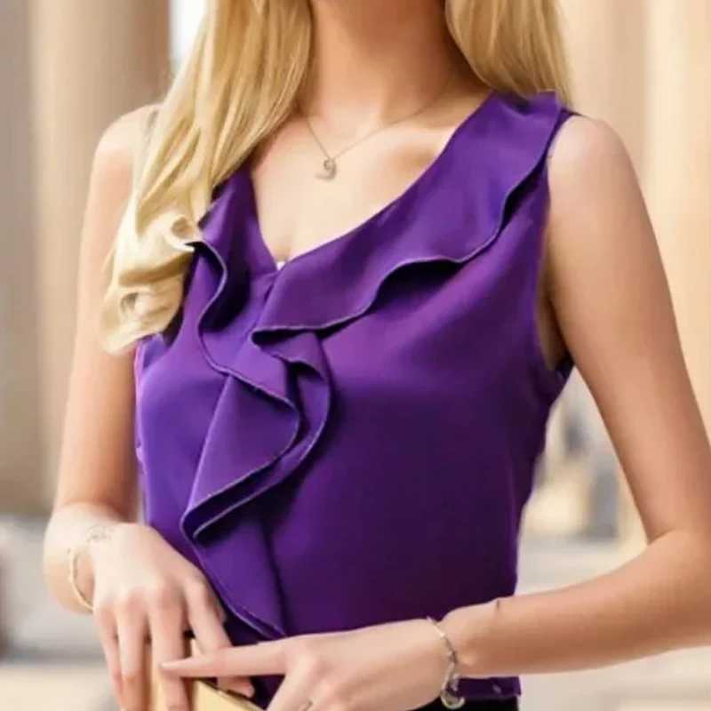 Bluzki damskie koszule damskie Slvelites V-Neck luźne szyfonowe koszule eleganckie fioletowe topy marszczone ubranie lato 2024 newz07 y240426