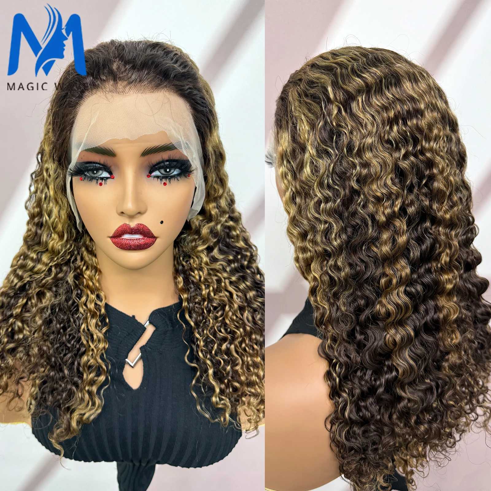Syntetiska peruker 613# Blond vattenvåg Mänskligt hår för svarta kvinnor 250% Densitet 13x4 Spets Front Curled Brasilian Remi Wig 20 tum Q2404271