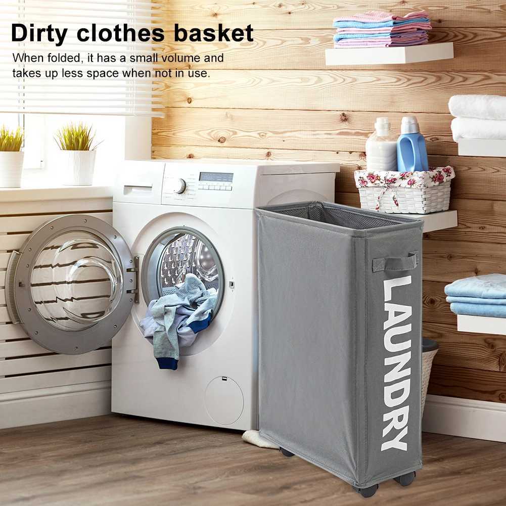 Storage Baskets Rolling Slim Laundry Basket With Handle Wheels Folding Waterproof Sorter And Organizer With Drawstring Net Hamper For Household