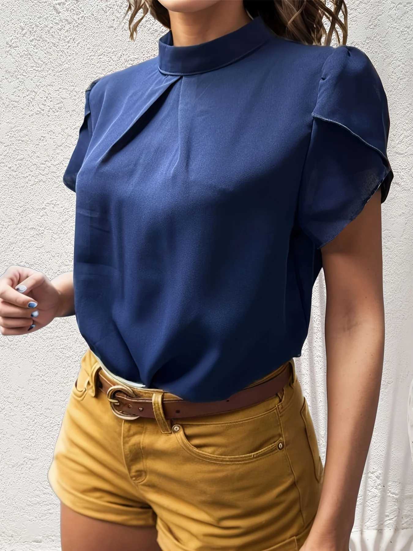 Camisas de blusas para mujeres Fashion Fashion Bloses de color sólido Camisas Collar Collar Collar Coloque Copias cortas Damas Summer Basic Elegante Top Y240426