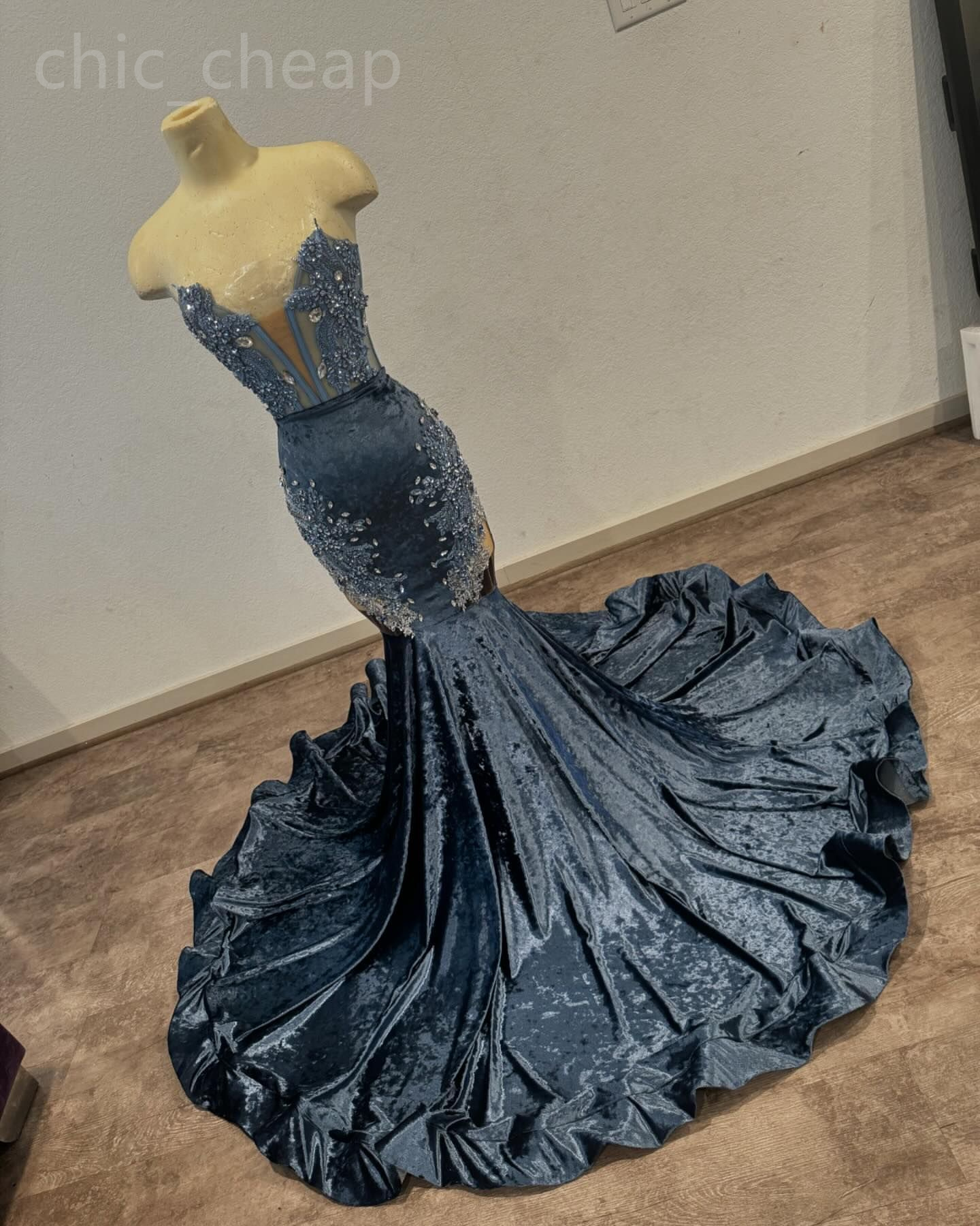 Talla grande árabe aso azul marino sirena siren vestidos de baile de baile de cuentas de terciopelo fiesta de recepción de recepción de compromiso de segundo cumpleaños ZJ334