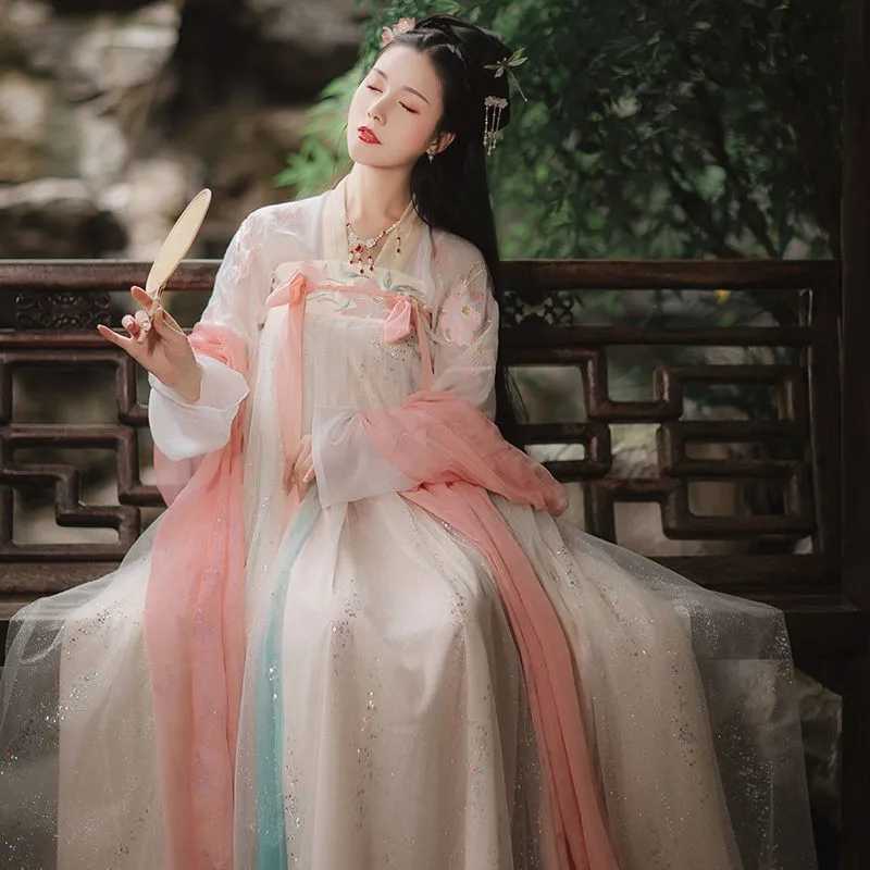 Ethnische Kleidung Frauen Mesh Hanfu Anzug Fairy Cosplay Kostüm Brust Länge Kleid Volk Tanz Kostüm Elegante Sommer Alte traditionelle Kleidung