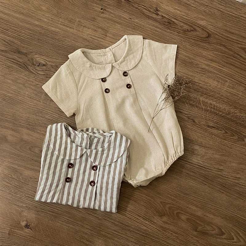 Rompers sommar ny preppy stil baby bodysuits skjorta krage flickor pojkar bodysuit andas linne en bit babykläder H240429