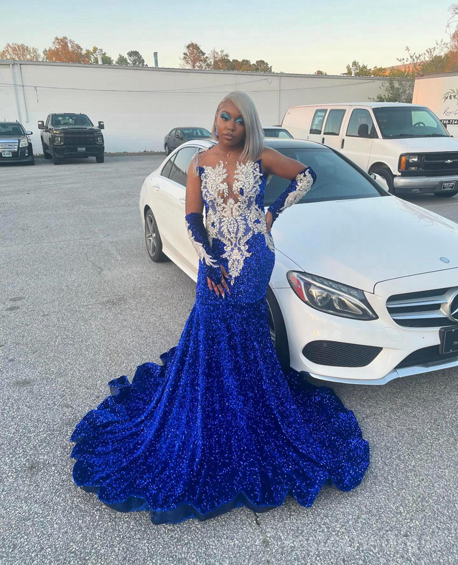 Royal Blue Prom Dresses for Black Women Promdress Plus Size Illusion Sequined Lace Appliqued Beaded Lace Birthday Party Dress Second Reception Gowns AM785