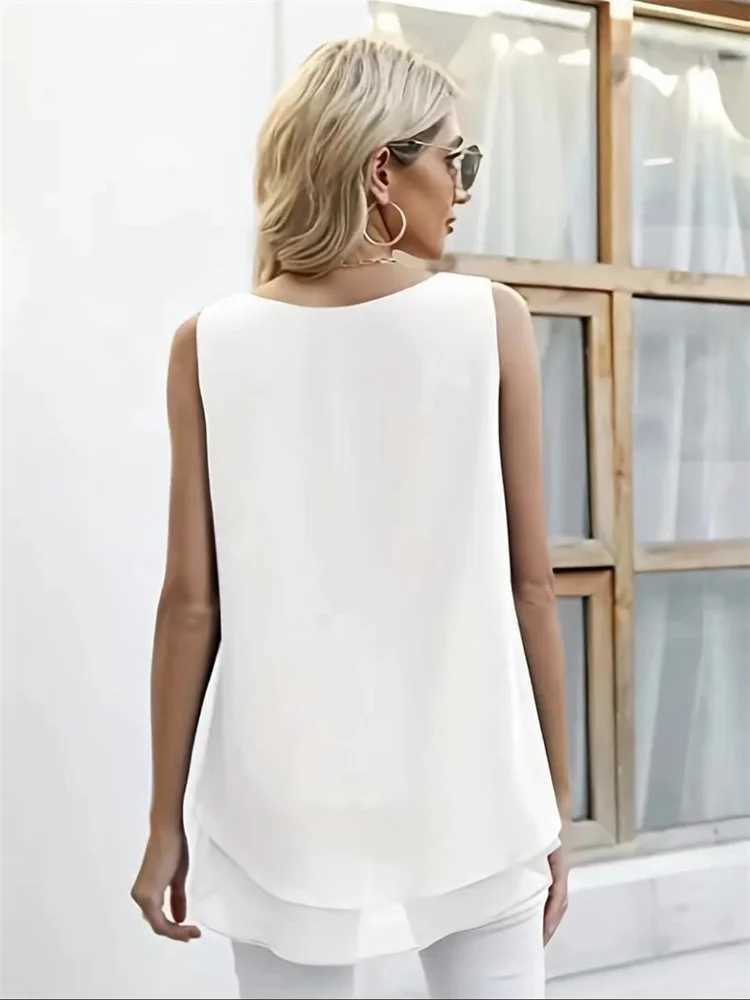 Women's Blouses Shirts Women Summer Simple Style Chiffon Blouses Shirts Lady Casual Slveless O-Neck Solid Color Double Layer Tank Top Y240426
