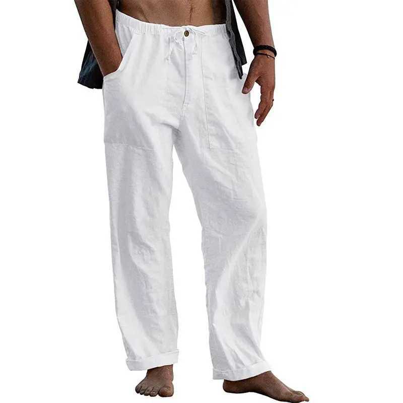 Pantalones para hombres hombres sueltos de lino de algodón de algodón pantalones de bolsillo con cordero Q2404291