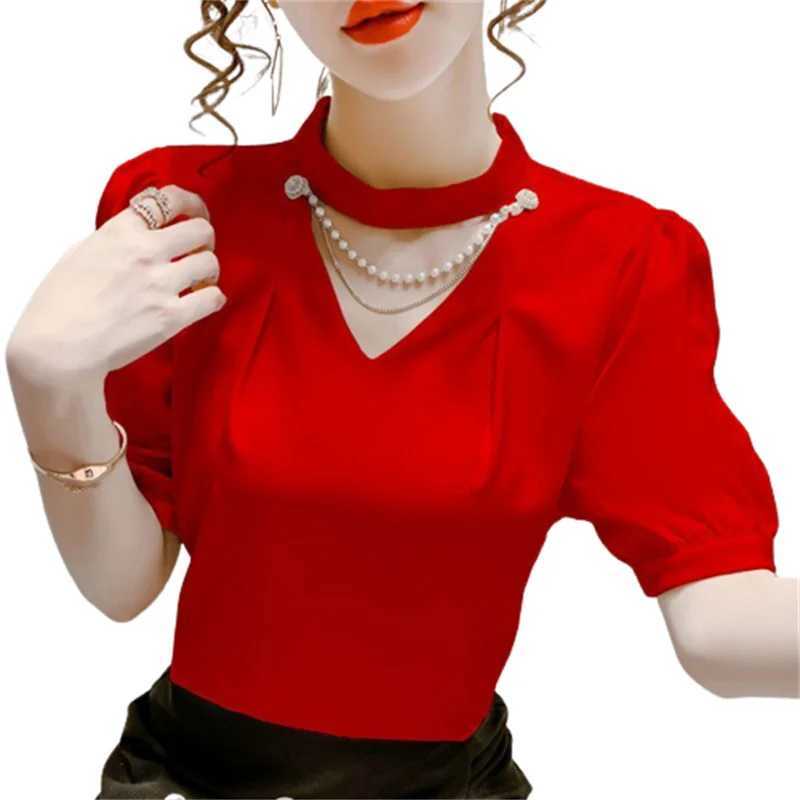Women's Blouses Shirts Women Summer Style Blouses Shirts Lady Fashion Casual Puff Short Slve O-Neck Solid Pearl Blouses Tops WY0227 Y240426