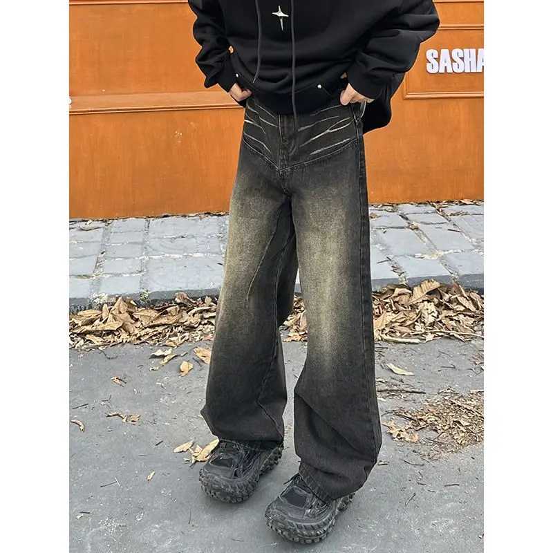 Jeans maschile lavati in difficoltà grigiastre jeans neri di strada sciolte pantaloni casual dritti a metà vita harajuku pavimento in stile pavimento