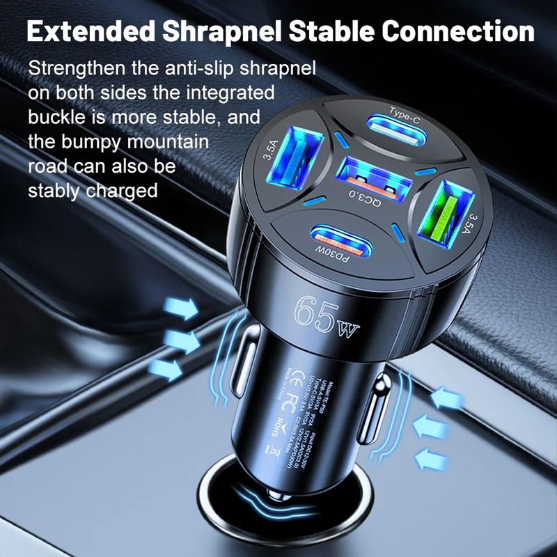 TE-P50 65W Fast Charging Car Charger 5 Charging Ports Multiple Protection Material Portable Universal Car Phone Chargers