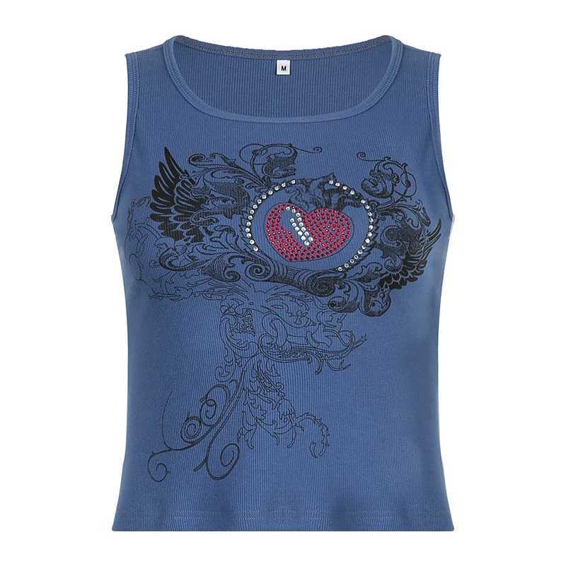 Women's Tanks Camis CIBBAR Grunge Vintage Rhinesone Print Crop Top Vintage Graphic Sleeveless Y2K Tank Top Womens Street Clothing Vest Harajuku ClothingL240429