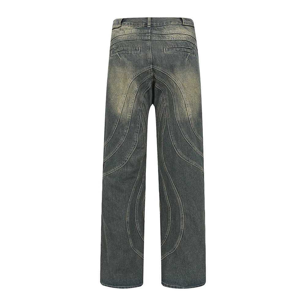 Herenbroek retro y2k geschilderde ronde strepen rechte flitsbroek voor heren Harajuku straatkleding Casual tas jeans oversized denim Q240429