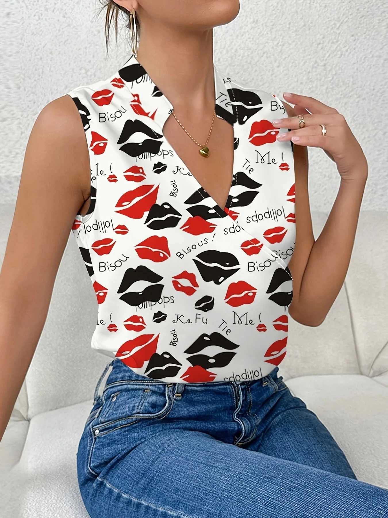 Blouses-shirts voor dames gedrukt gedrukt V-Neck Slveless Top Fashionable en Loose Summer Young Womens Clothing 2024 Nieuw model Y240426