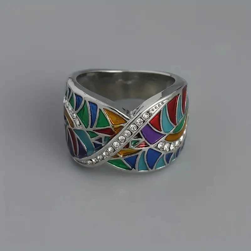 Wedding Rings Dazzling Rings for Women Silver Color Colorful Painting Metal Inlaid White Stones Ring Wedding Jewelry