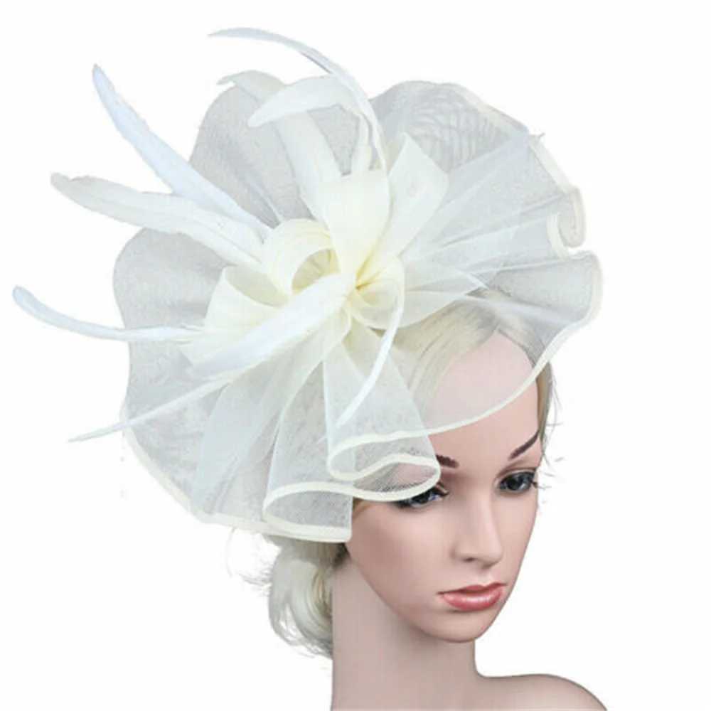 Breite Krempe Hüte Bucket Hats Top -Grade Frauen große Blumen Faszinator Haare Clip Federn Hochzeit Royal Ascot Race Accessoires Stirnbänder für Frauen Y240426