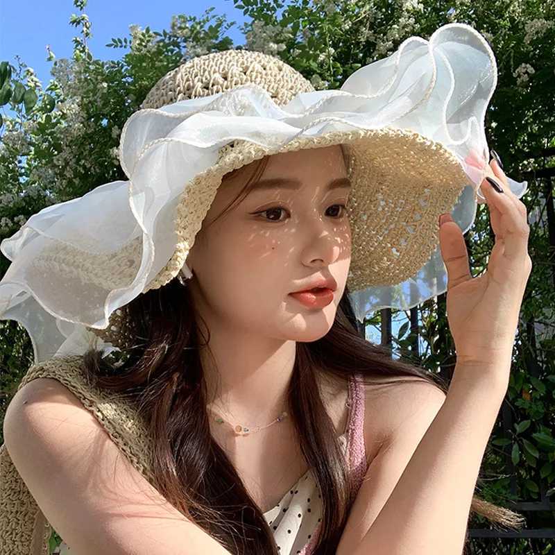 Cappelli larghi cappelli a secchio cappelli da donna coreano cappello perle perle estate grande brim brim hat hat adulto cappello da sole leisure cumina c J240429