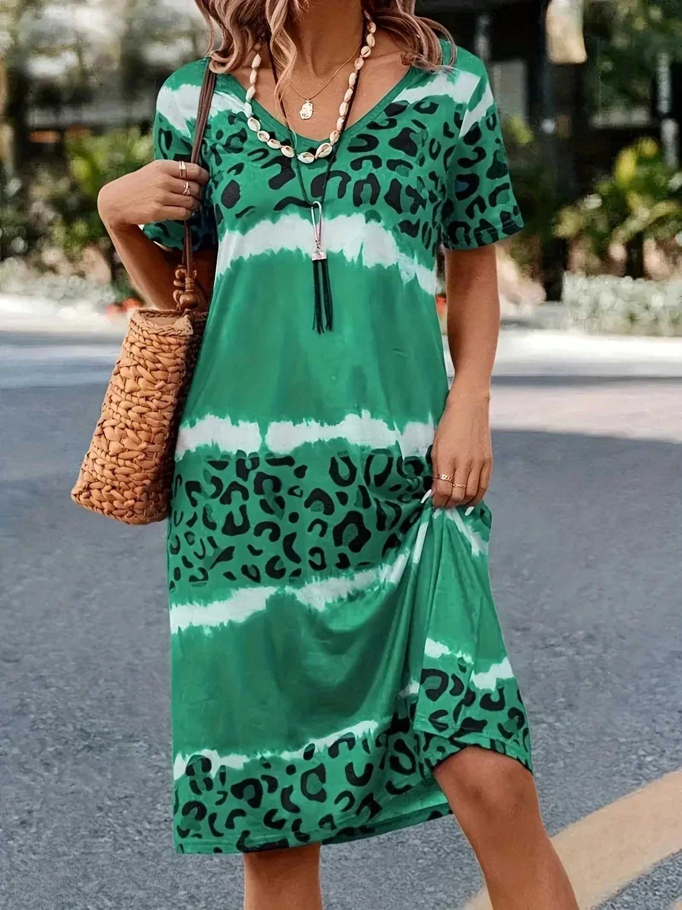 فساتين غير رسمية أساسية بالإضافة إلى حجم نساء اللباس غير الرسمي صبغة نمر قصير سرقلة طفيفة فستان تمتد فستان الصيف السيدات الأزياء