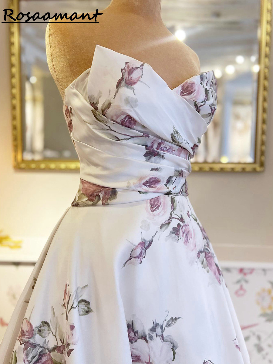 Elegant Strapless Floral Printing A-line Wedding Dresses Sleeveless Pleat Bridal Gowns Robe De Mariee