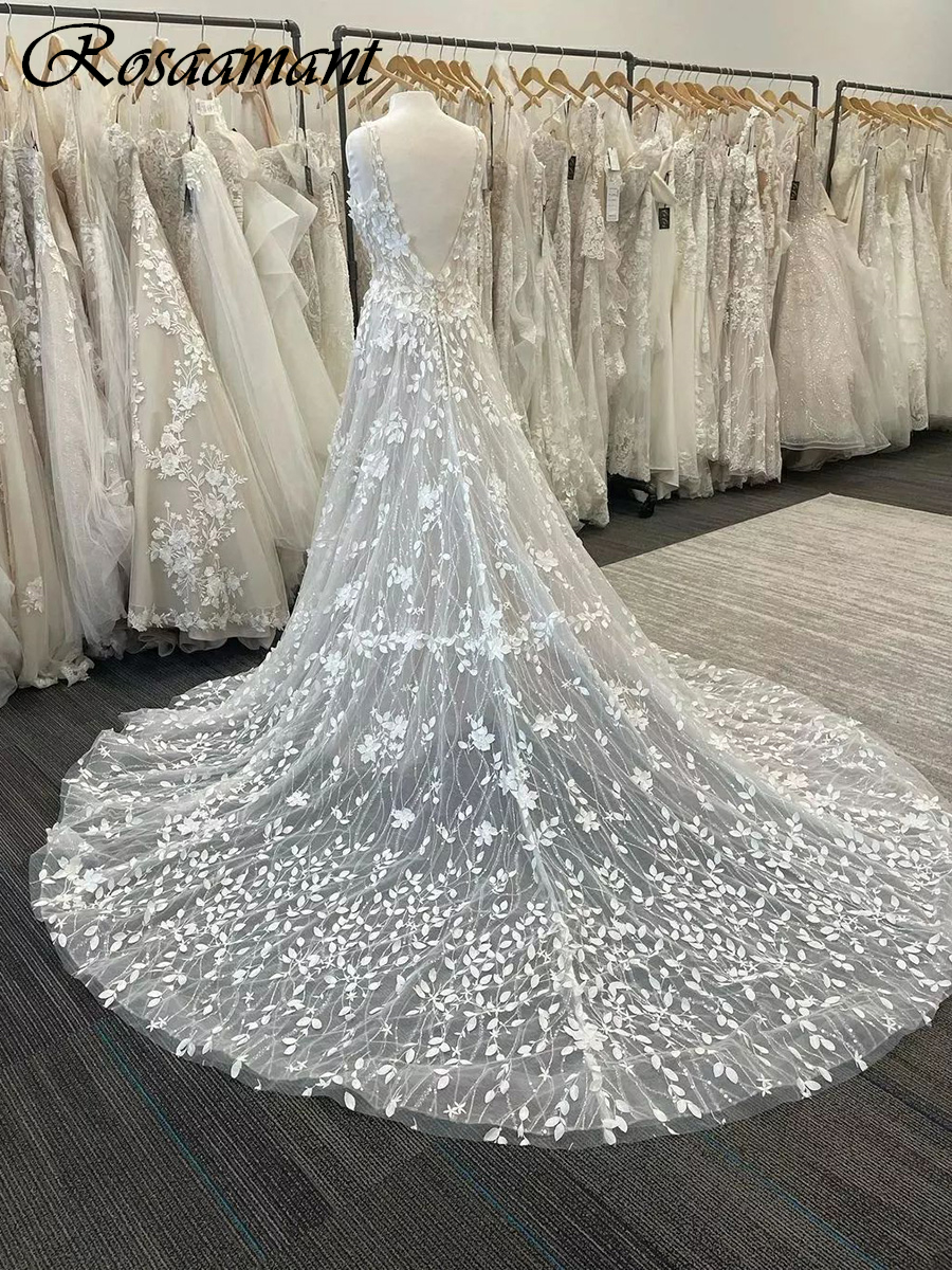 Luxury Ilusion Backless Lace 3d Floral A-Line Wedding Wedding Vestidos de Vestidos Cristal sincronizados con la tina de novia