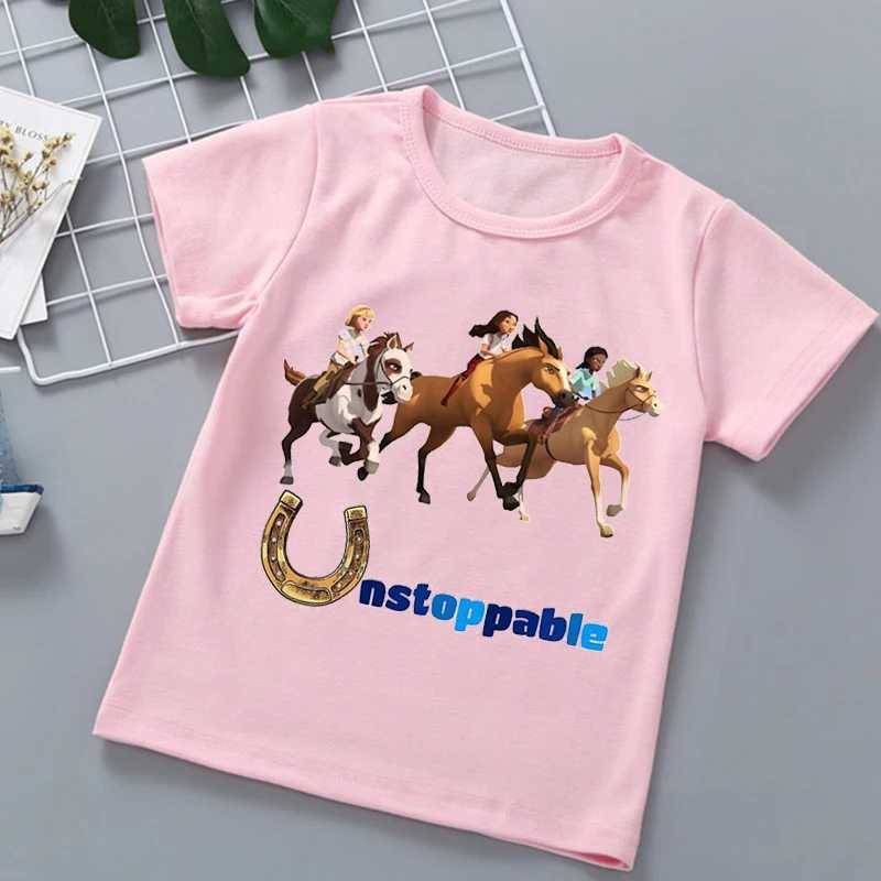 T-shirt 2024 Hot Spirit Mustang T-shirt T-shirt Anime Clothing Carunone Abbigliamento bambini Funny Childrens Abbigliamento Pink Shirt Topl2404