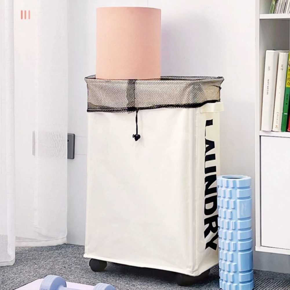Storage Baskets Rolling Slim Laundry Basket With Handle Wheels Folding Waterproof Sorter And Organizer With Drawstring Net Hamper For Household